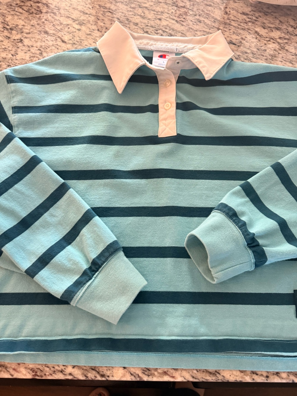 ♡ Champion Point Cropped Rugby Tee Milky Way Blue Striped - Picture 3 of 10